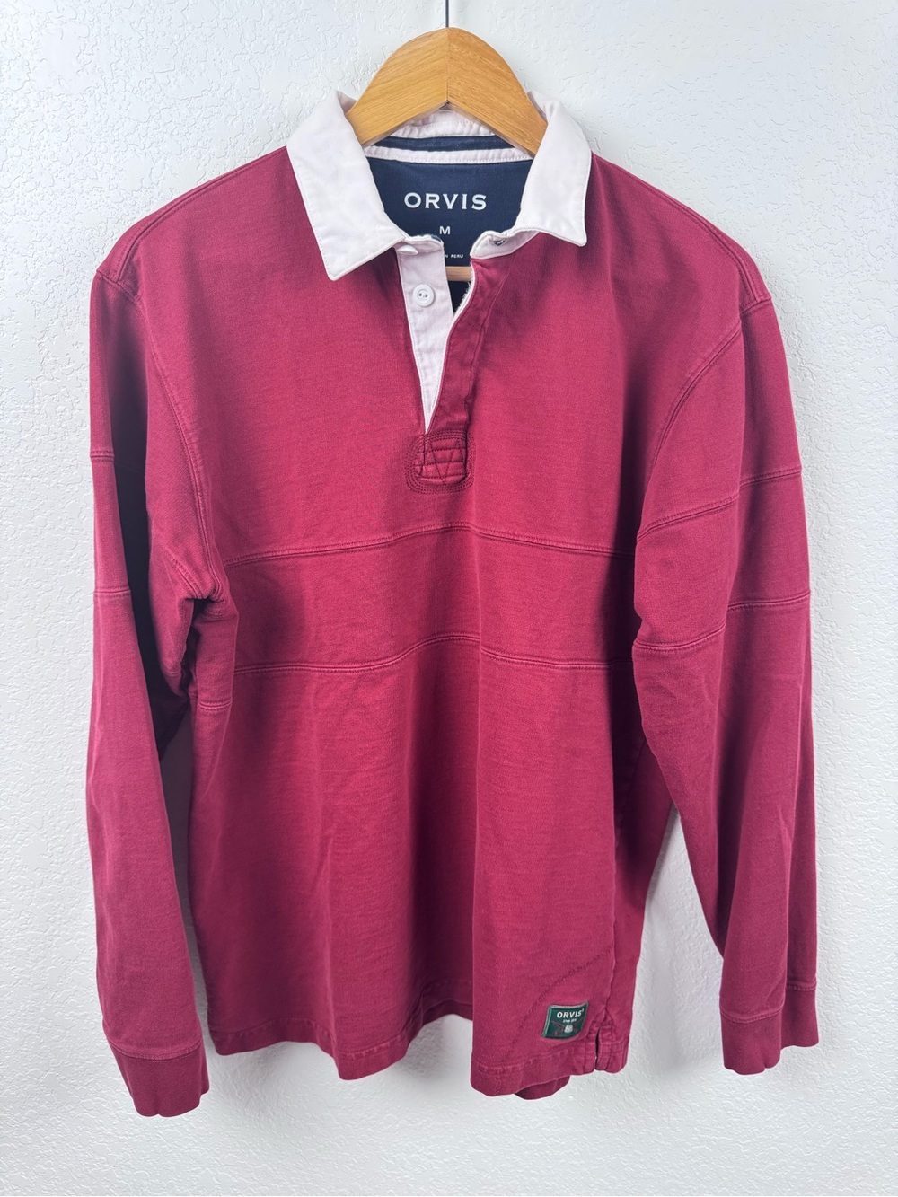 Orvis Men's 100% Cotton Wine/Burgundy Rugby Shirt with White Collar